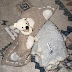 Barefoot Dreams Tan and Blue Baby Blanket with Bear and Pocket